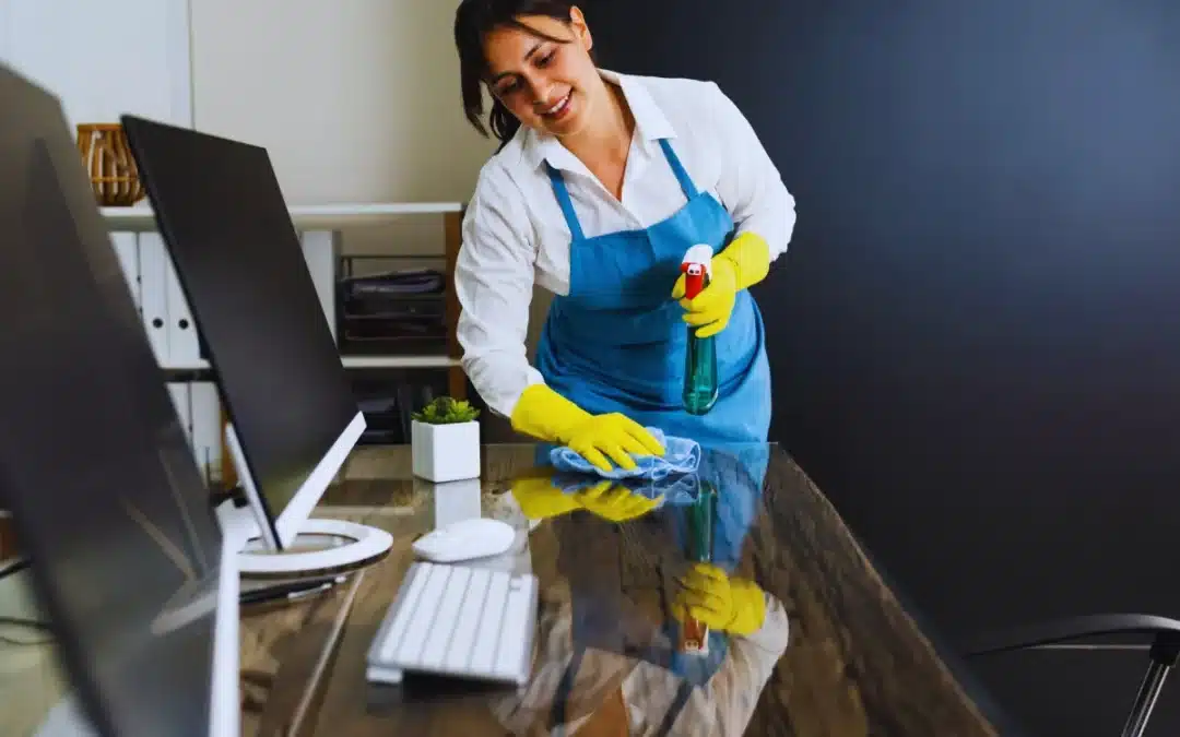 Maid cleaning office with eco friendly products