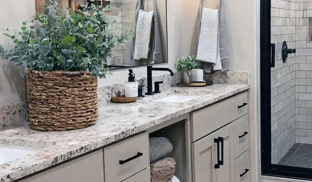 clean bathroom with bright surfaces and freshly cleaned sink and fixtures