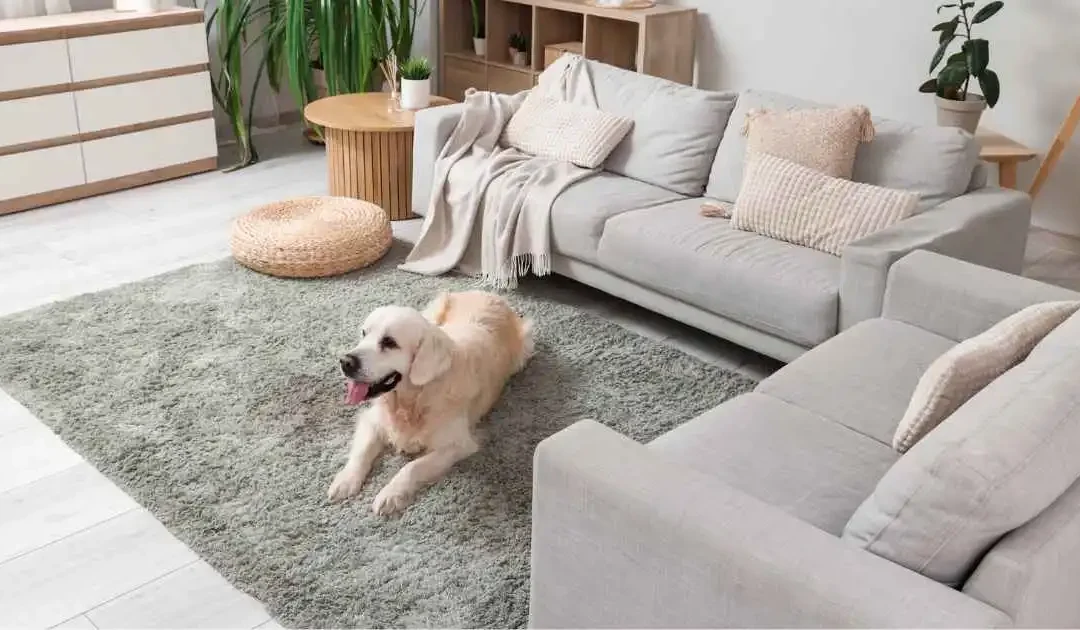 Dog sitting on carpet creating recurring pet odors in McFarland home